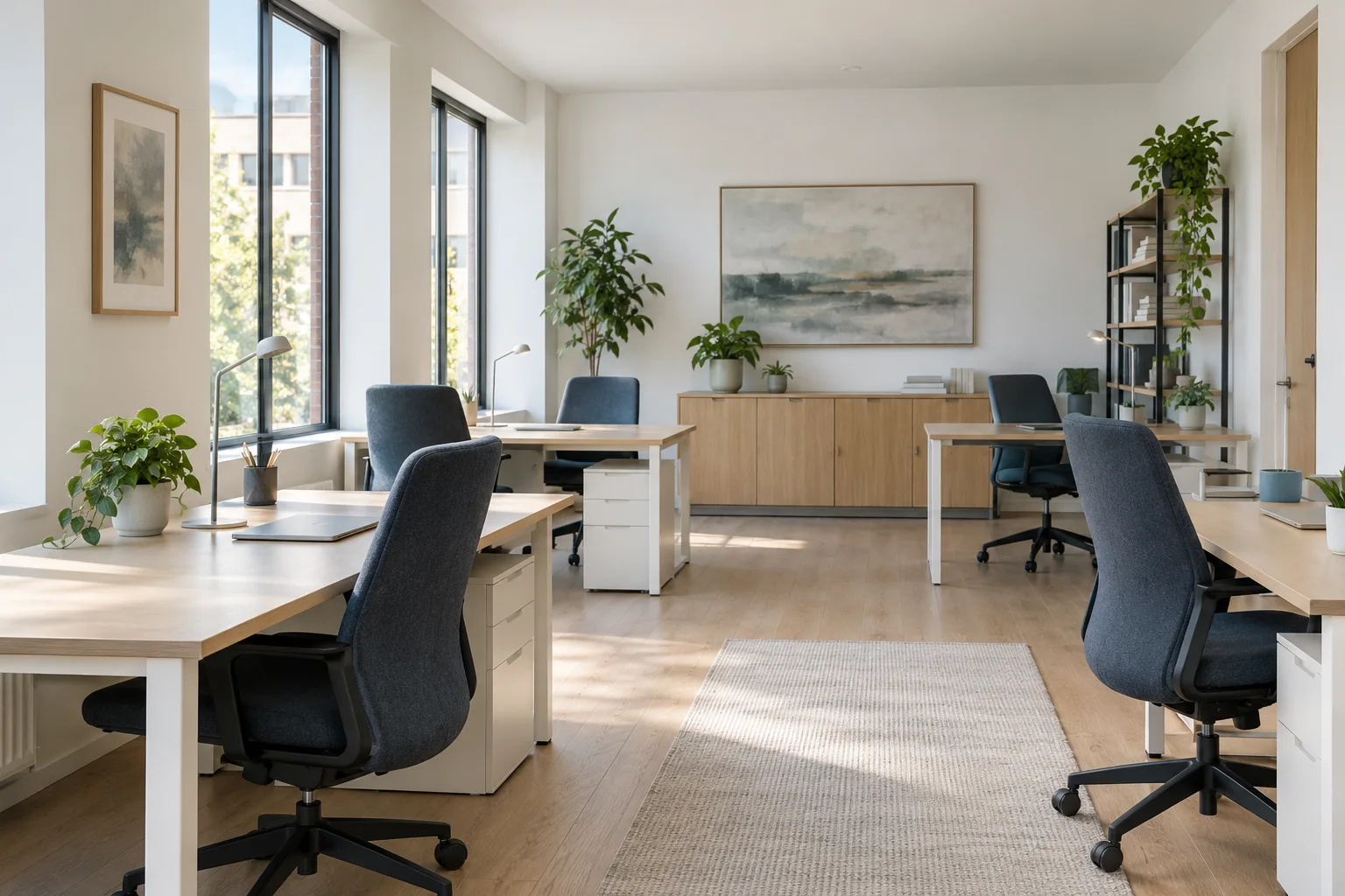 Illustrative small office with pale oak desks and slate blue chairs.